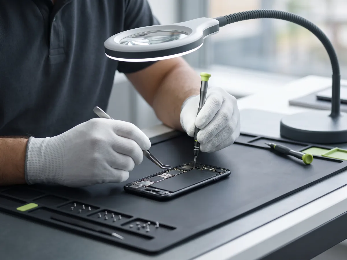 Reparo de smartphone com ferramentas de precisão