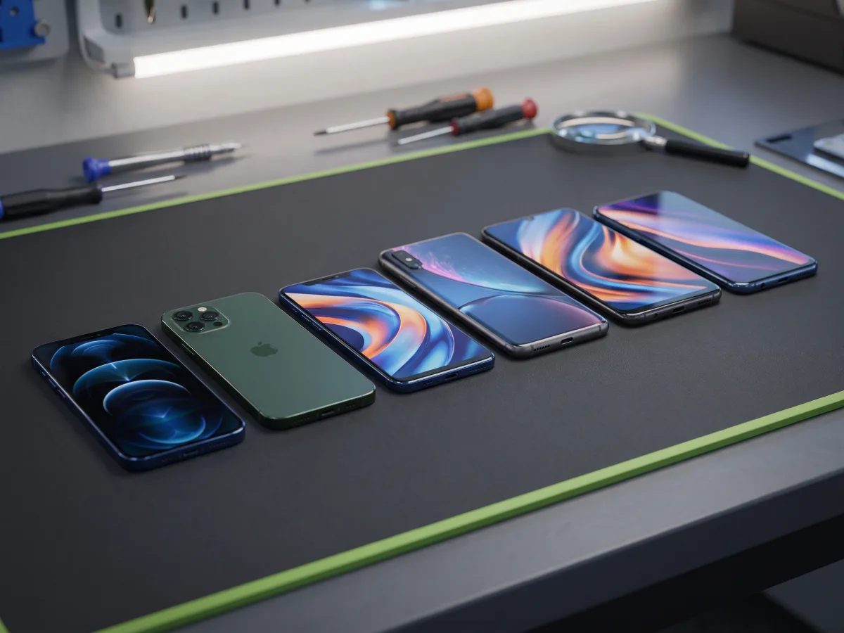 Vários modelos de celular de diferentes marcas na bancada