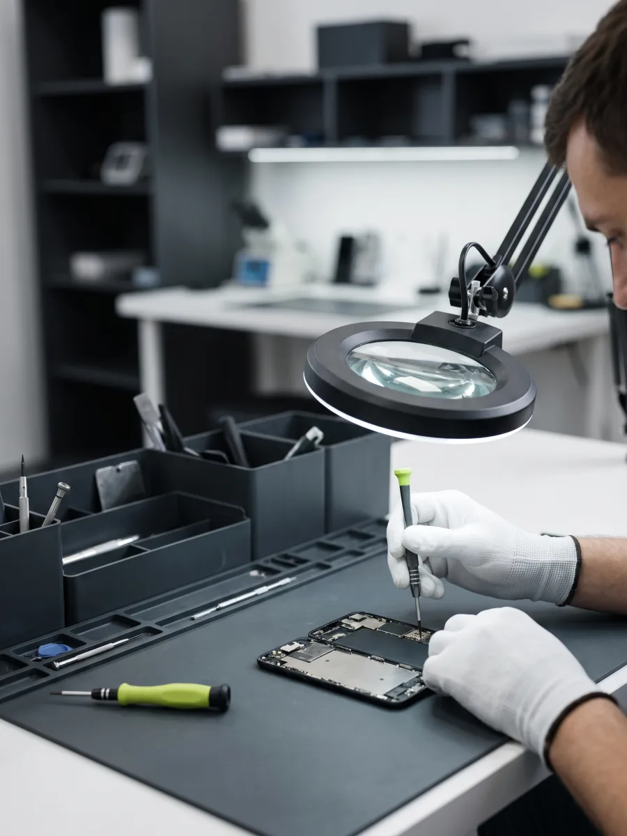 Técnico consertando um smartphone