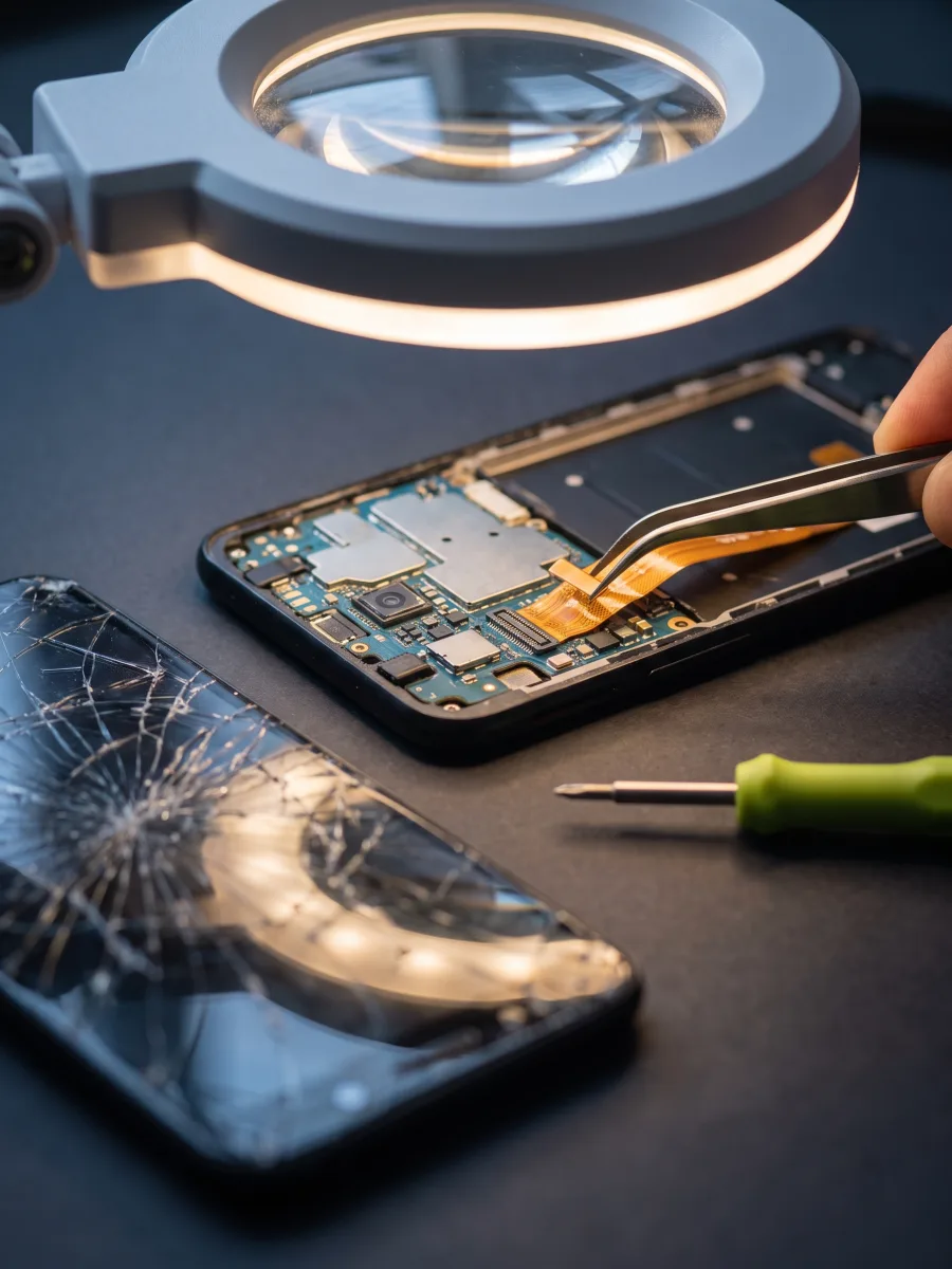 Tela de smartphone sendo substituída sob a lupa