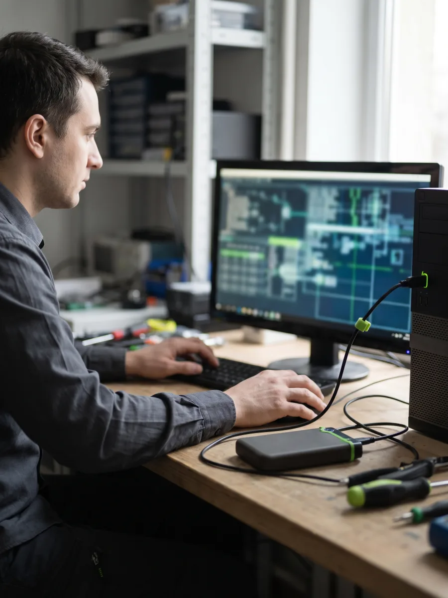 Técnico configurando um computador após a formatação