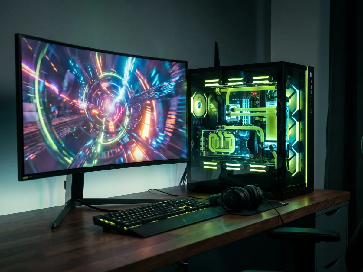 Setup de PC gamer com iluminação RGB