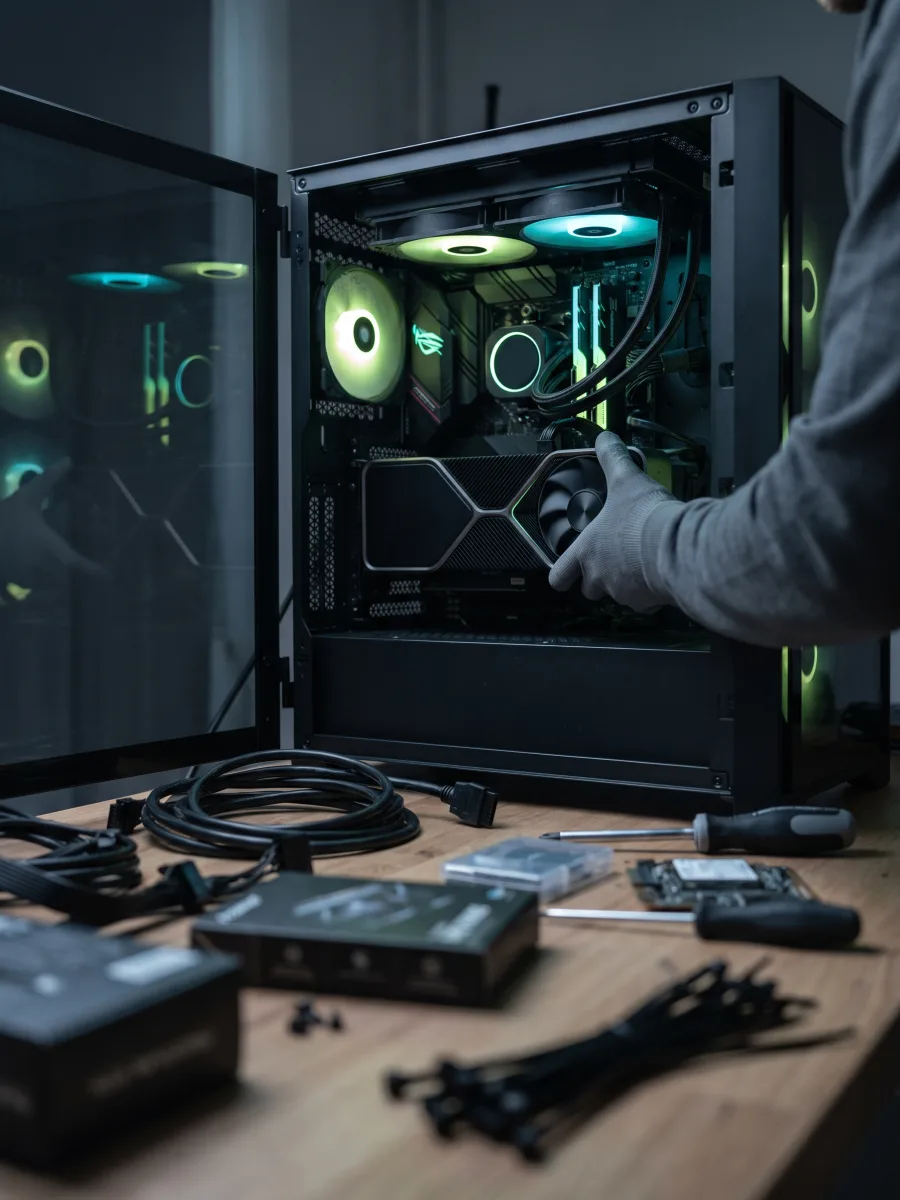 Técnico montando um PC gamer e instalando a placa de vídeo