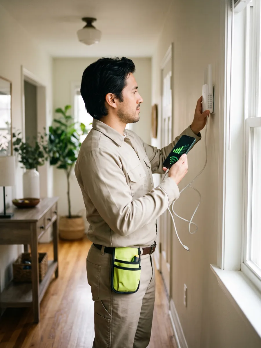 Técnico instalando repetidor de Wi-Fi em uma residência