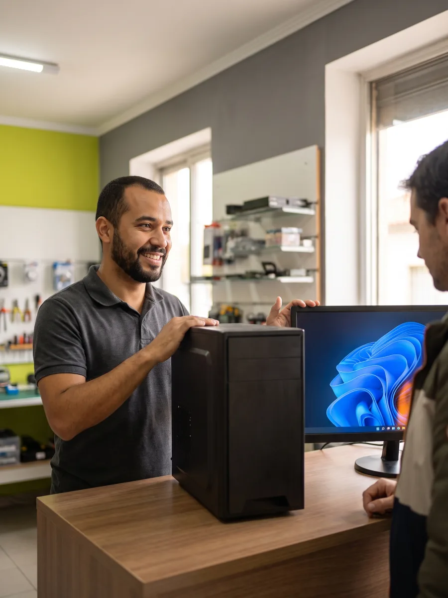 Técnico da Codarin entregando um computador a um cliente