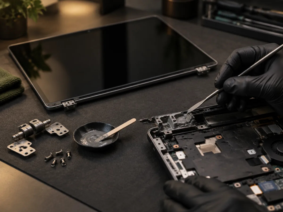 Reconstrução com resina da carcaça de um notebook na bancada da Codarin