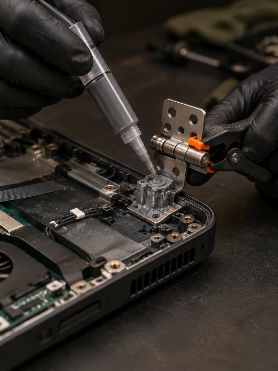 Técnico aplicando resina no suporte da dobradiça de um notebook