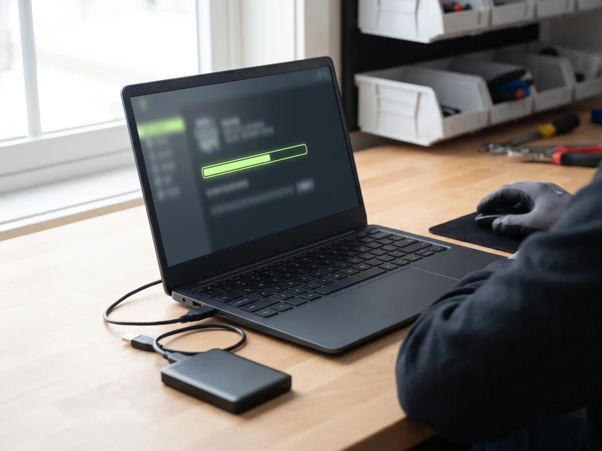 Notebook com a tela de instalação do sistema e HD externo de backup