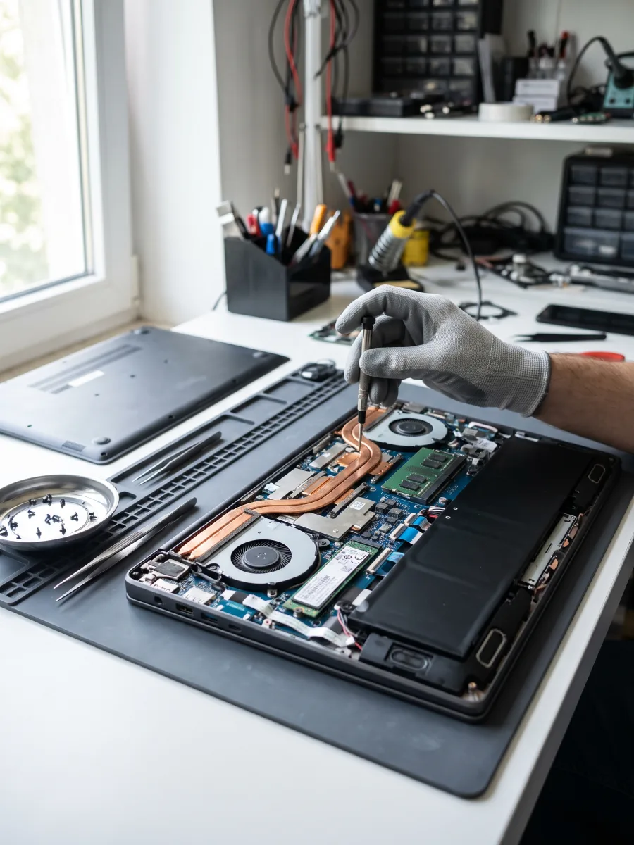Notebook aberto na bancada de reparo da Codarin