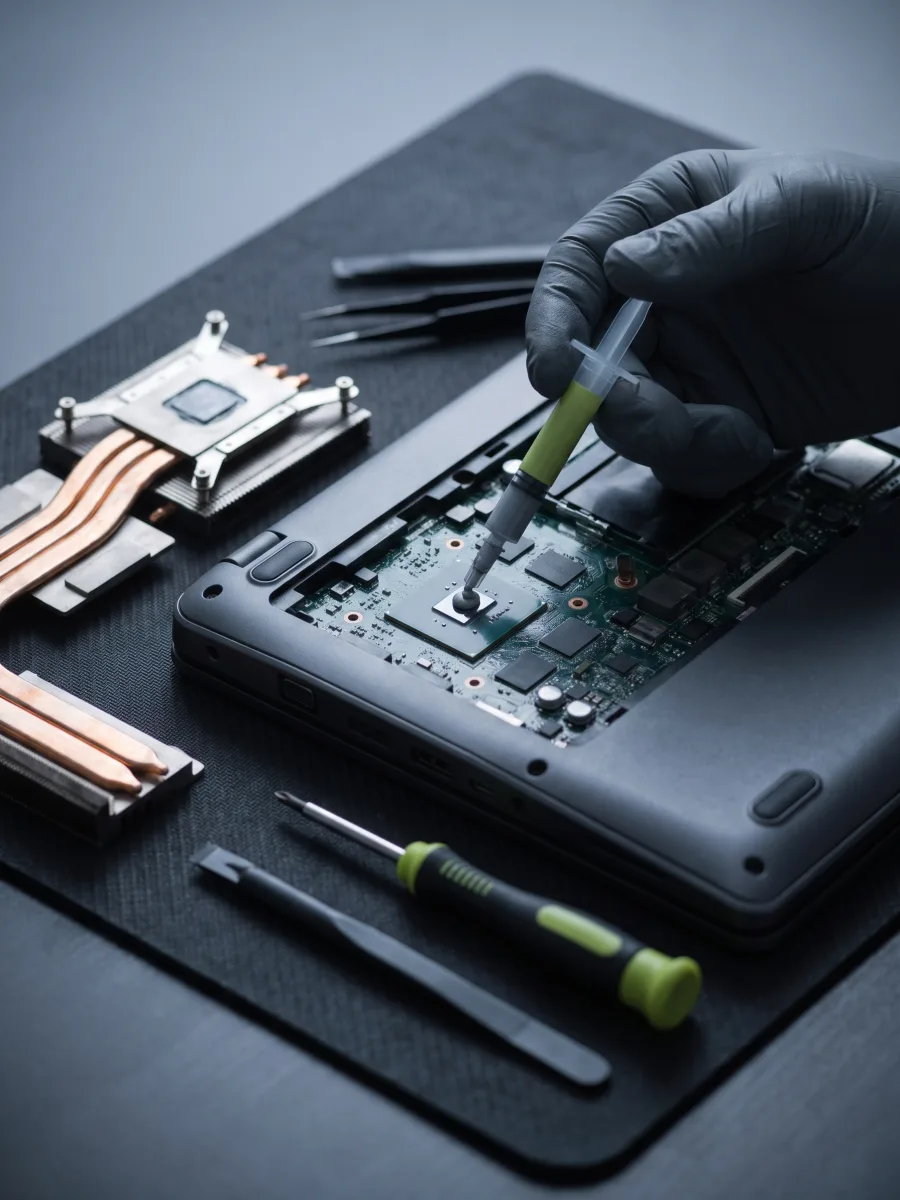 Aplicação de pasta térmica no processador de um notebook