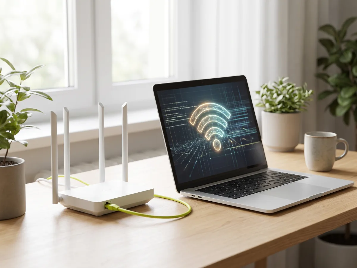 Notebook conectado a um roteador Wi-Fi em um escritório doméstico
