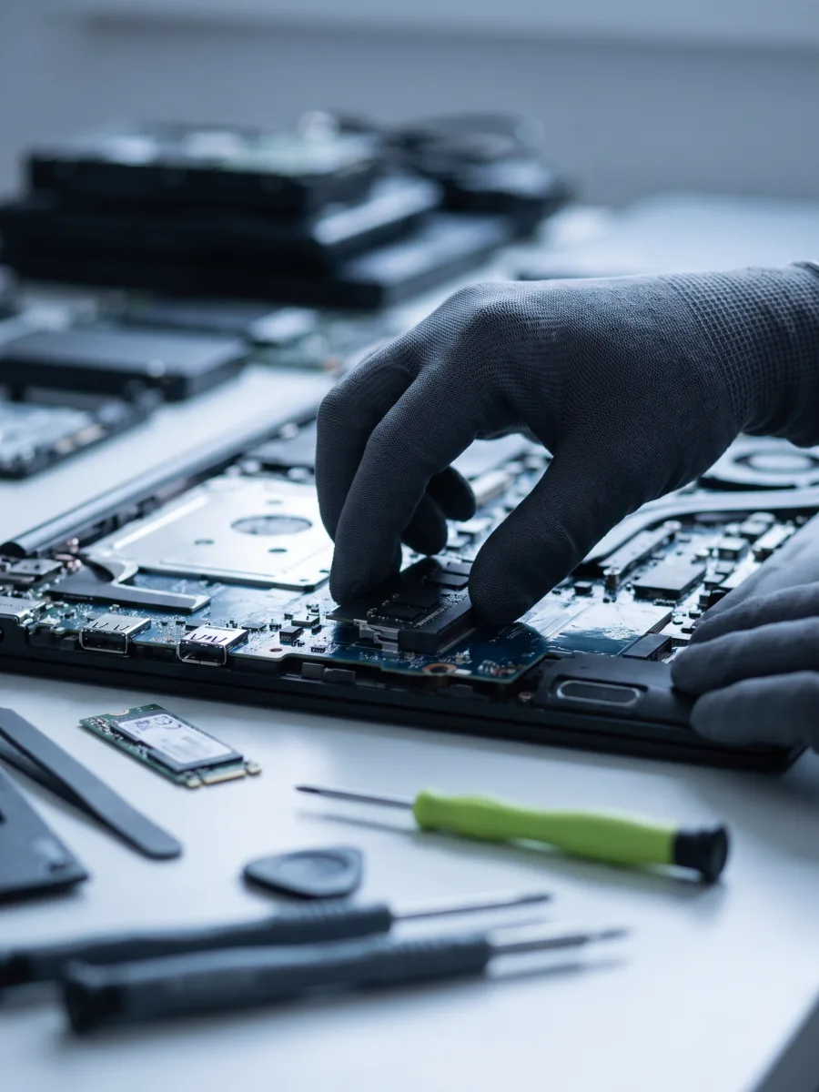 Módulo de memória RAM sendo instalado em um notebook